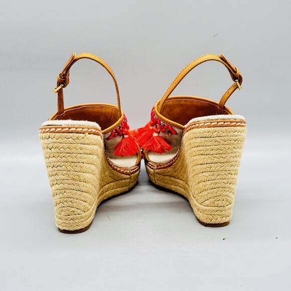 Tory Burch Sandals Womens 7.5 Beige Linen Espadrille Platform Wedge Tassel Shoes - Picture 6 of 11